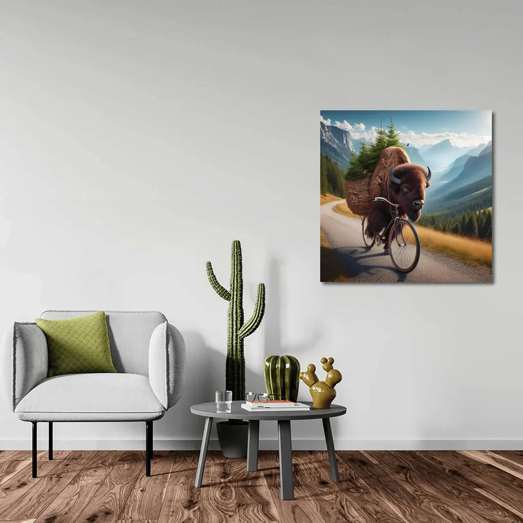 Bison Riding Bicycle Through Mountain Road – Wall Art