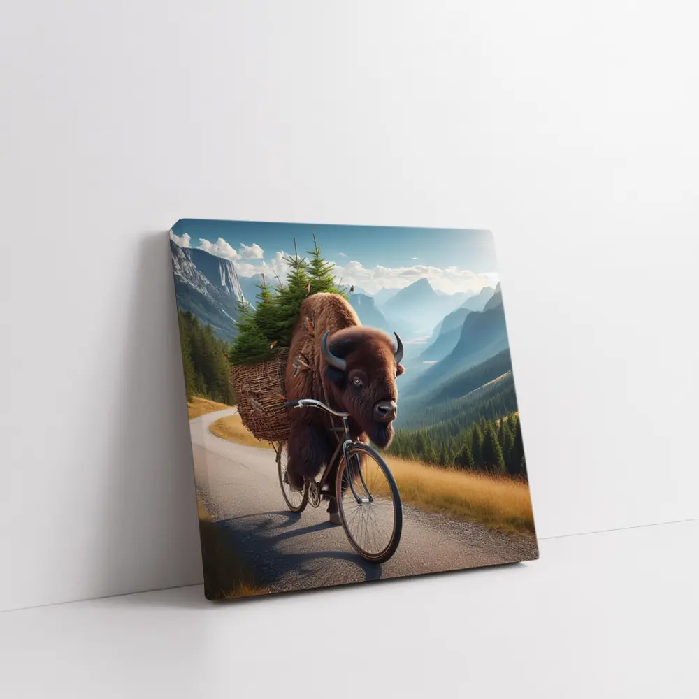 Bison Riding Bicycle Through Mountain Road – Wall Art