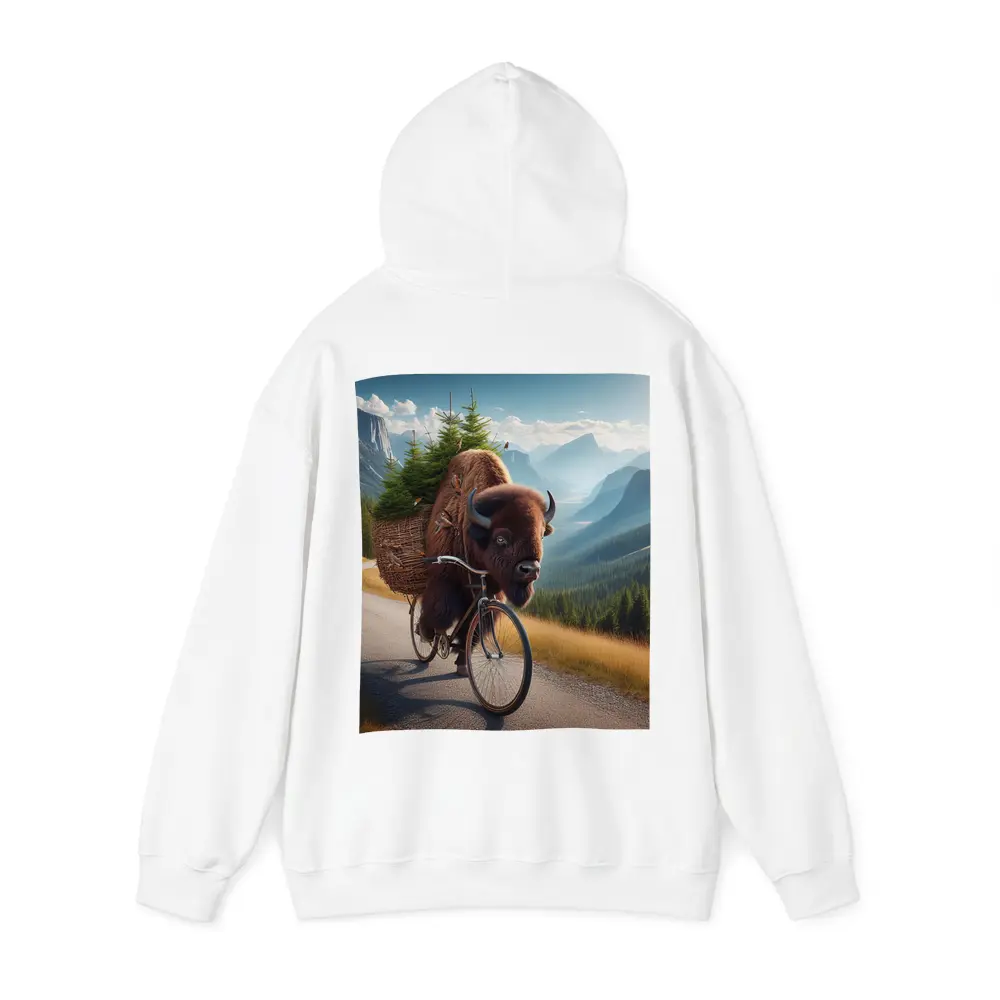 Bison Riding Bicycle Through Mountain Road – Hoodies