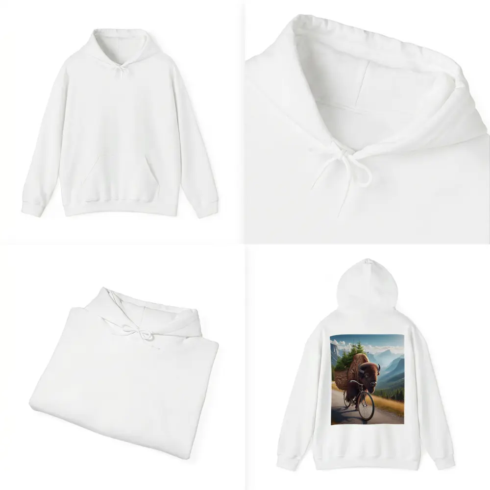 Bison Riding Bicycle Through Mountain Road – Hoodies