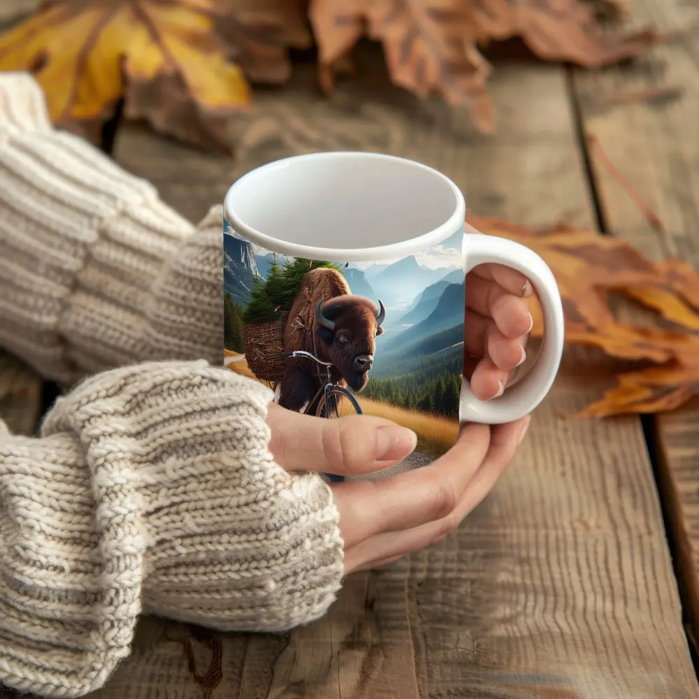 Bison Riding Bicycle Through Mountain Road – Mugs