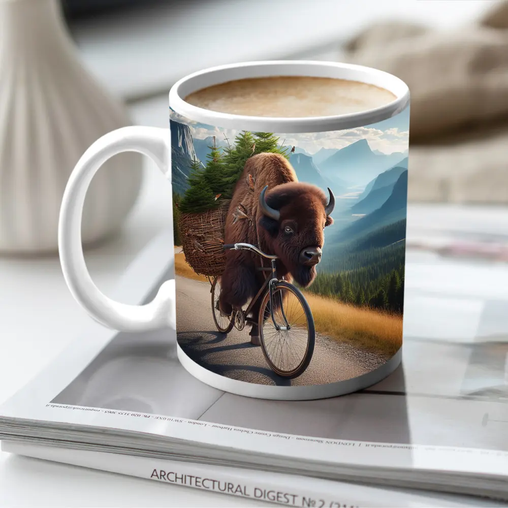 Bison Riding Bicycle Through Mountain Road – Mugs