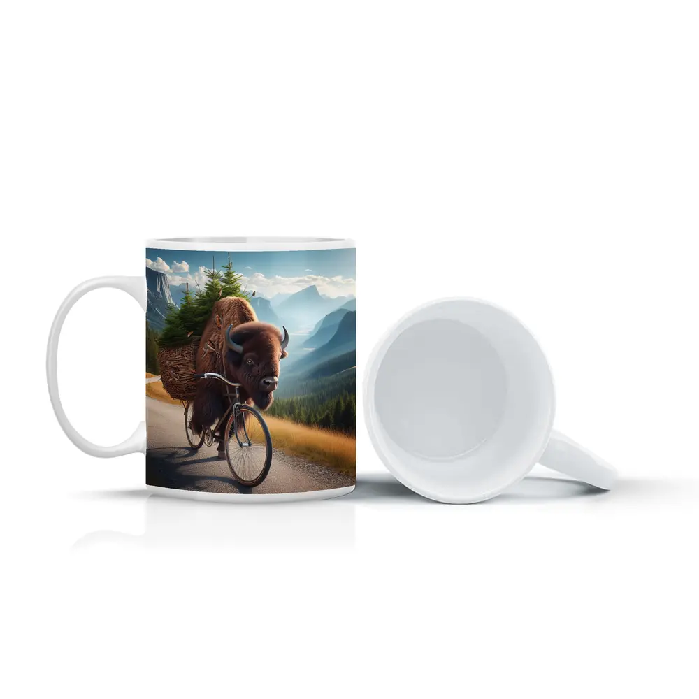 Bison Riding Bicycle Through Mountain Road – Mugs
