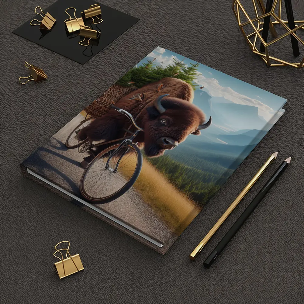 Bison Riding Bicycle Through Mountain Road – Notebooks