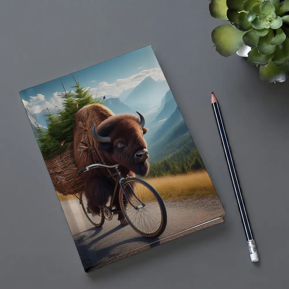 Bison Riding Bicycle Through Mountain Road – Notebooks