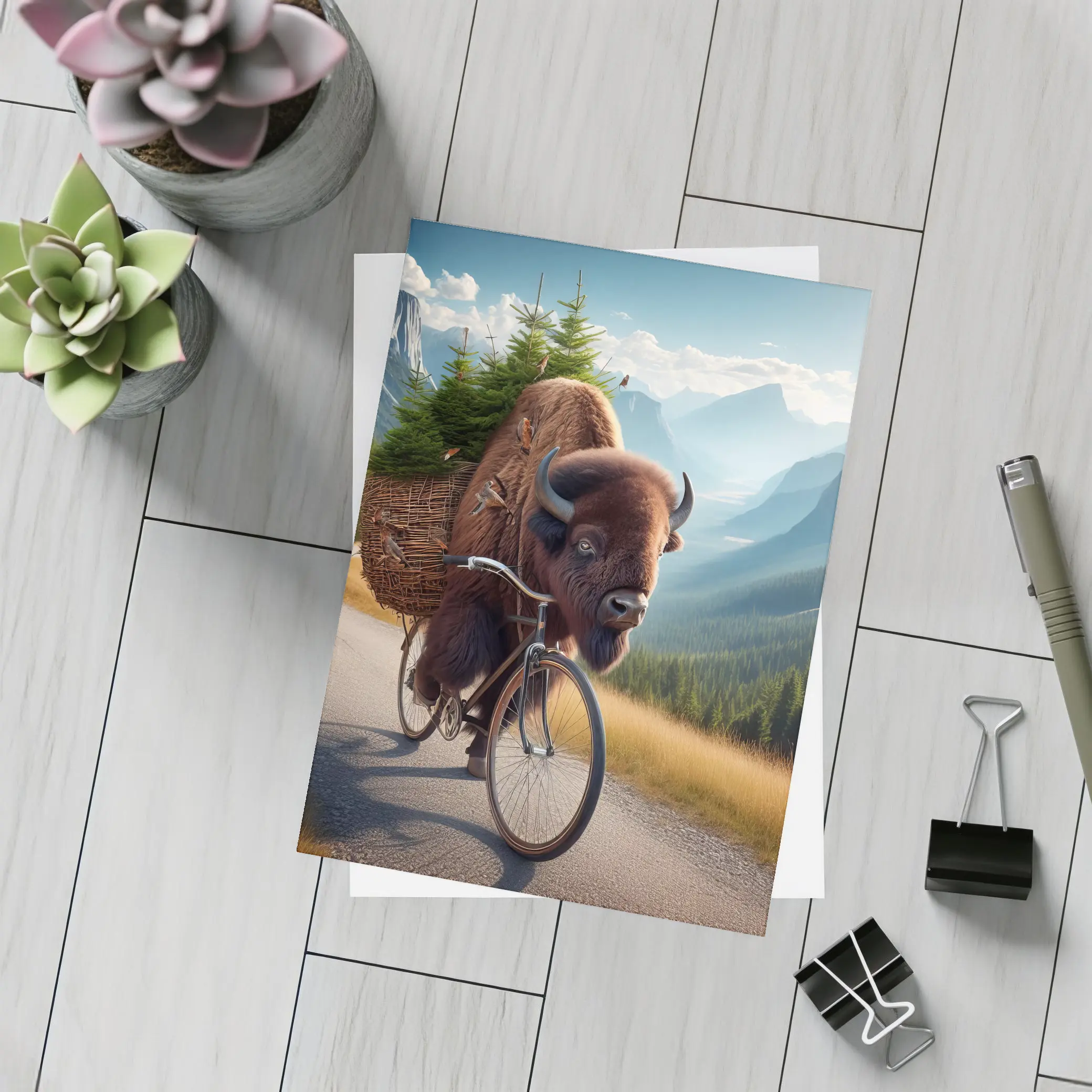Bison Riding Bicycle Through Mountain Road – Postcards