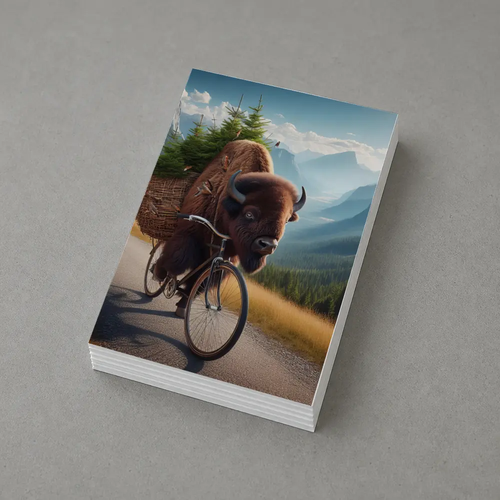 Bison Riding Bicycle Through Mountain Road – Postcards