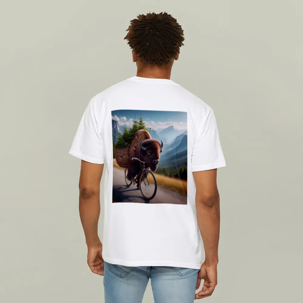 Bison Riding Bicycle Through Mountain Road – T-Shirts