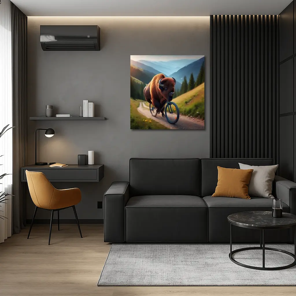 Bison Riding Bicycle Mountain Valley Trail – Wall Art