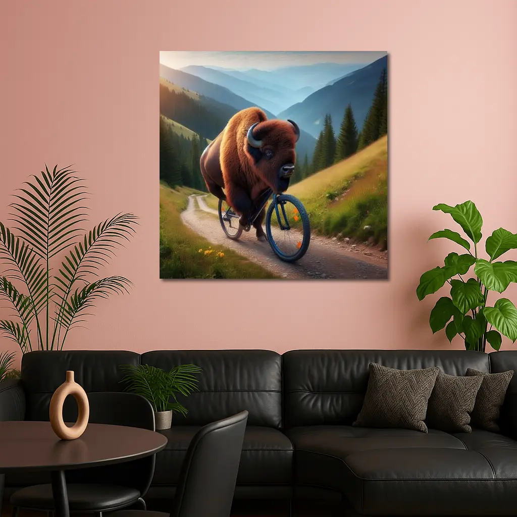 Bison Riding Bicycle Mountain Valley Trail – Wall Art
