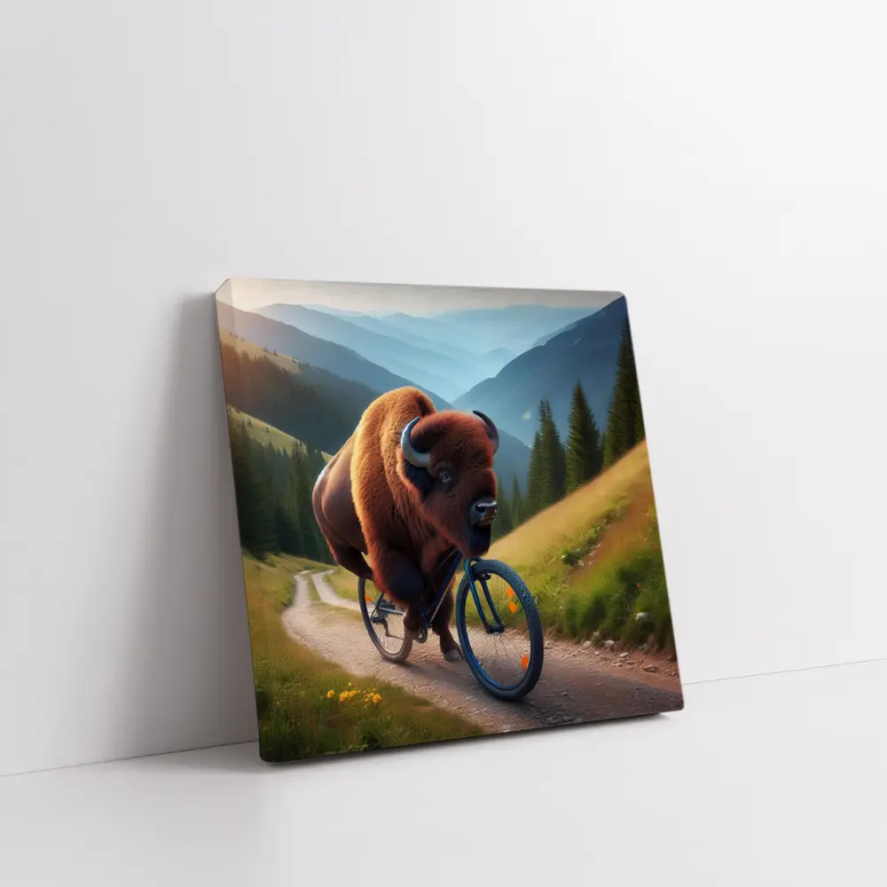 Bison Riding Bicycle Mountain Valley Trail – Wall Art