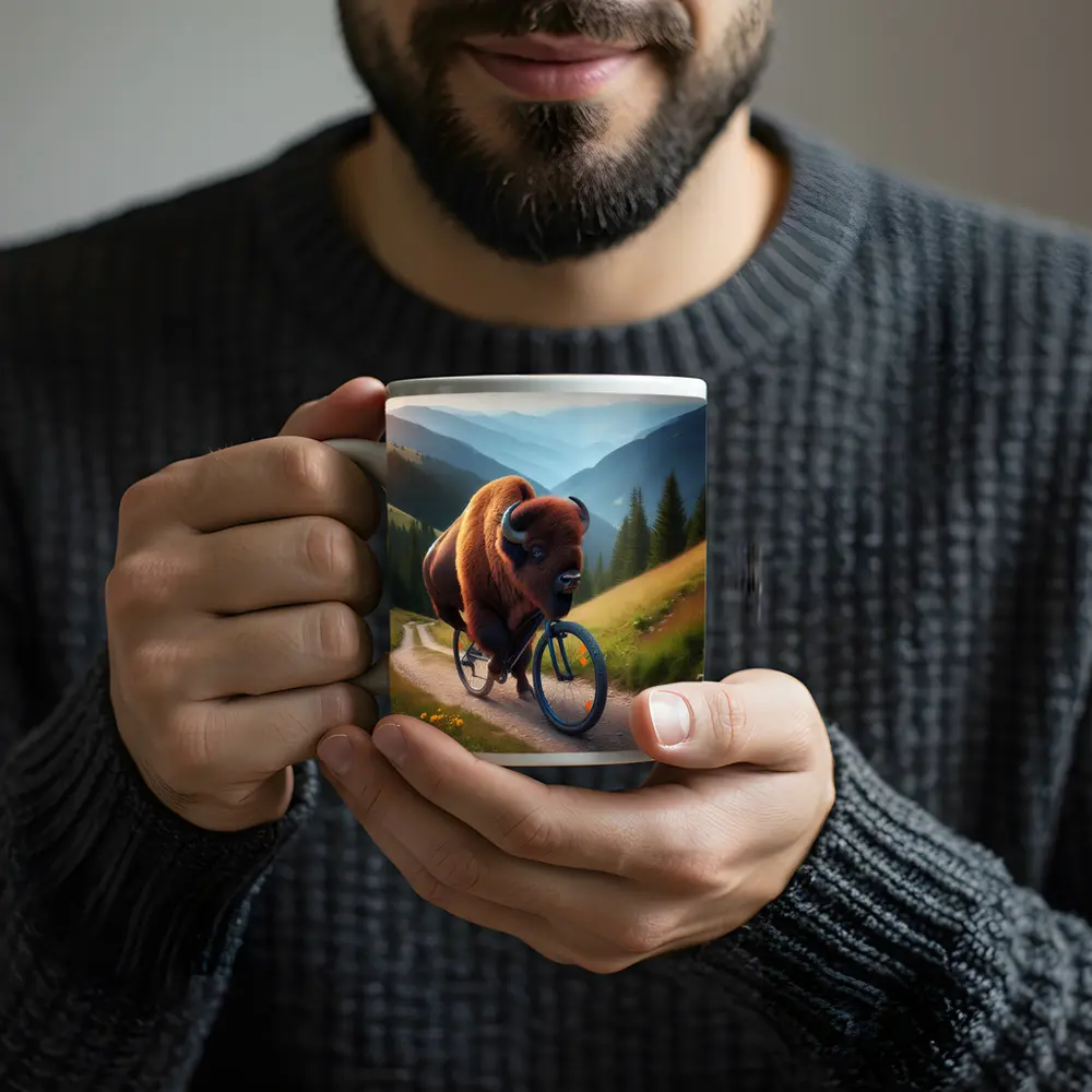 Bison Riding Bicycle Mountain Valley Trail – Mugs