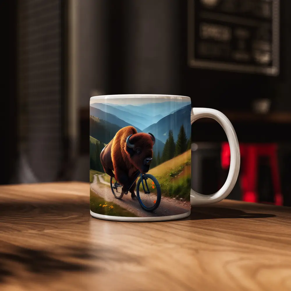 Bison Riding Bicycle Mountain Valley Trail – Mugs
