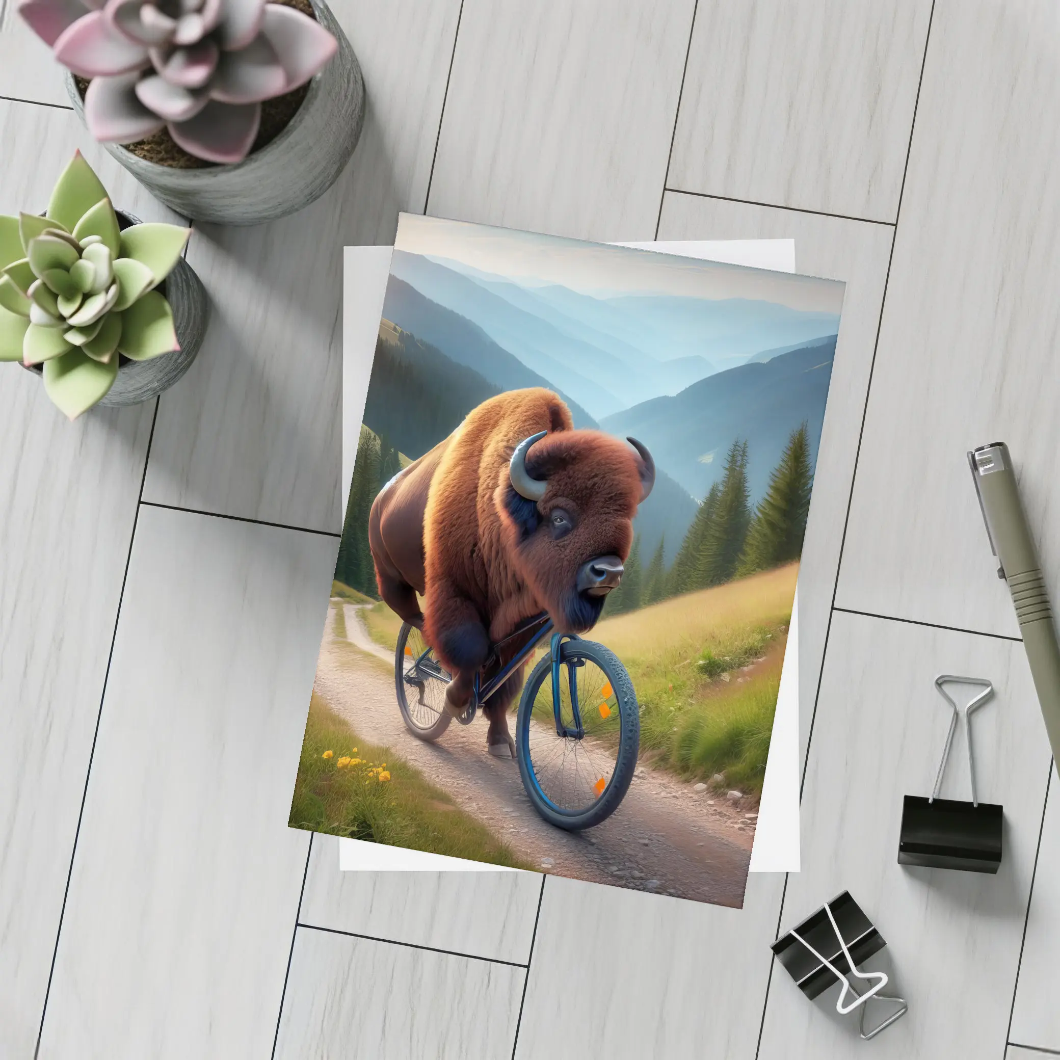 Bison Riding Bicycle Mountain Valley Trail – Postcards
