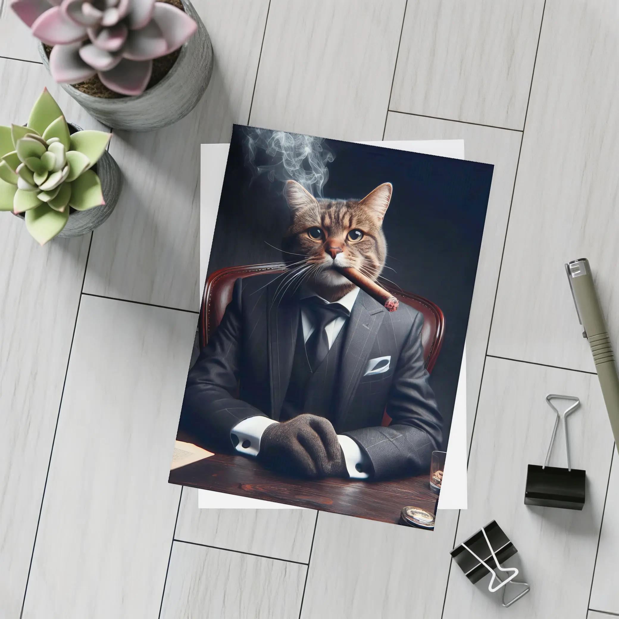 Boss Cat Suit Cigar Dark Office – Postcards