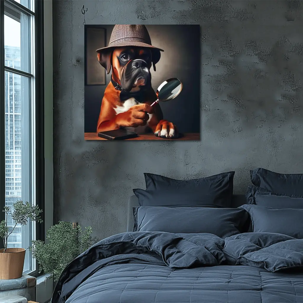 Boxer Dog Detective With Magnifying Glass – Wall Art