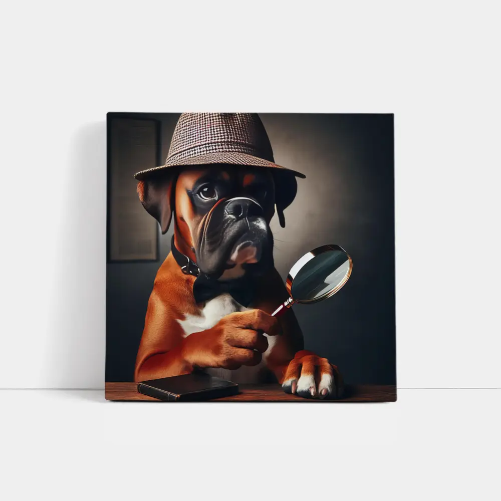 Boxer Dog Detective With Magnifying Glass – Wall Art