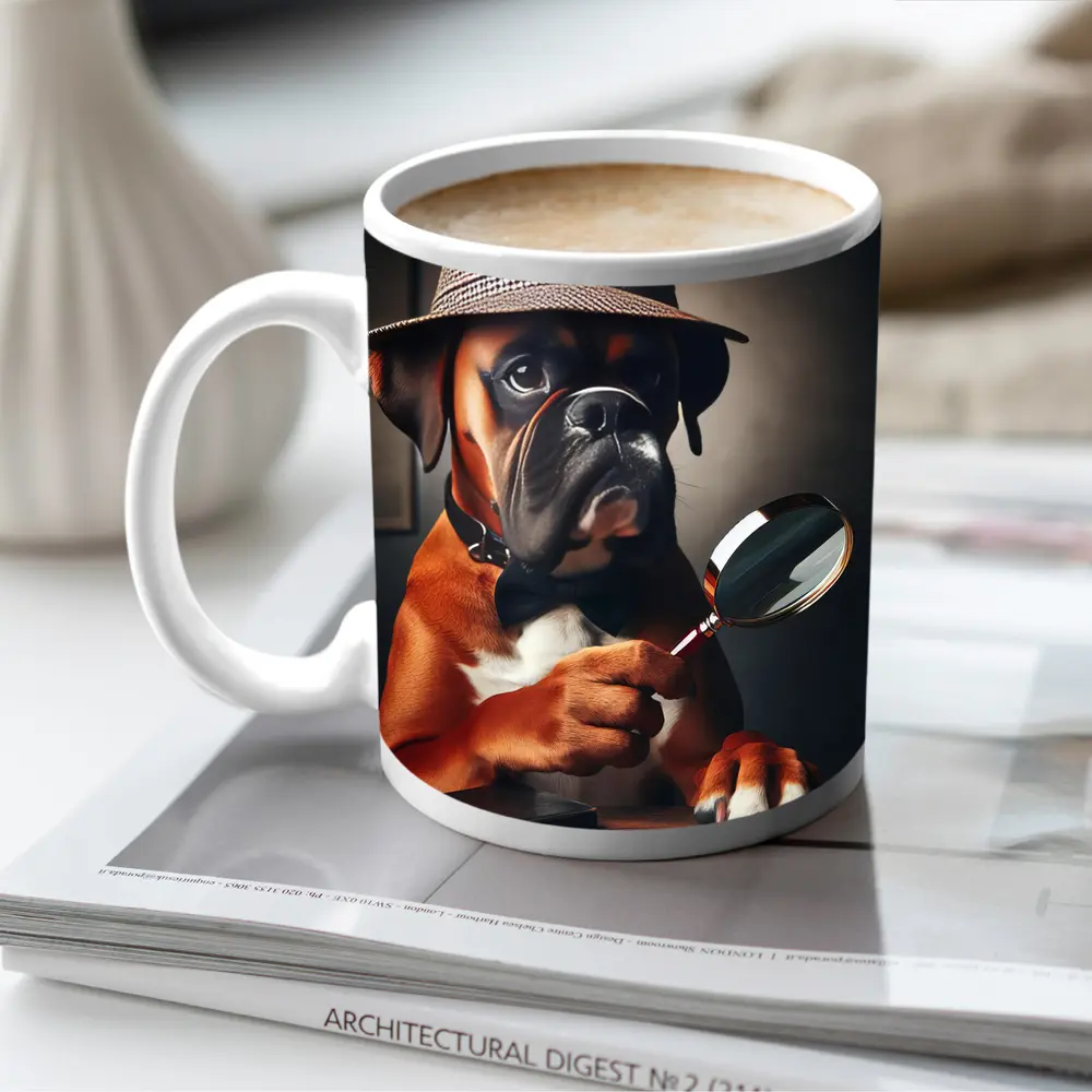 Boxer Dog Detective With Magnifying Glass – Mugs