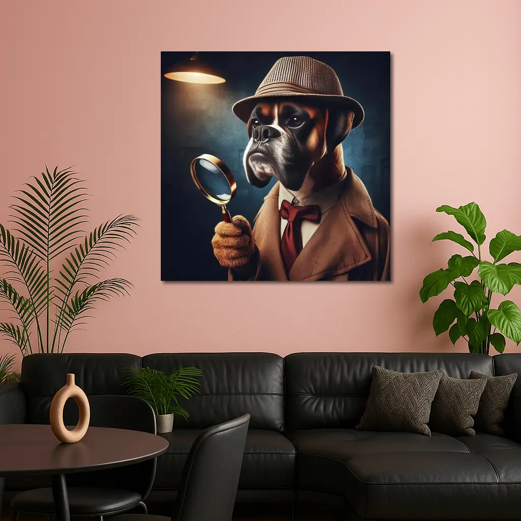Boxer Dog Detective With Magnifying Glass – Wall Art
