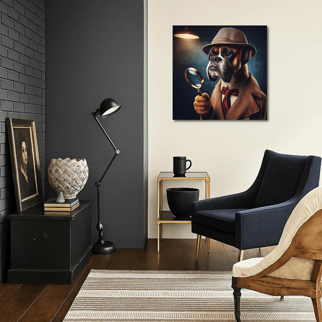 Boxer Dog Detective With Magnifying Glass – Wall Art