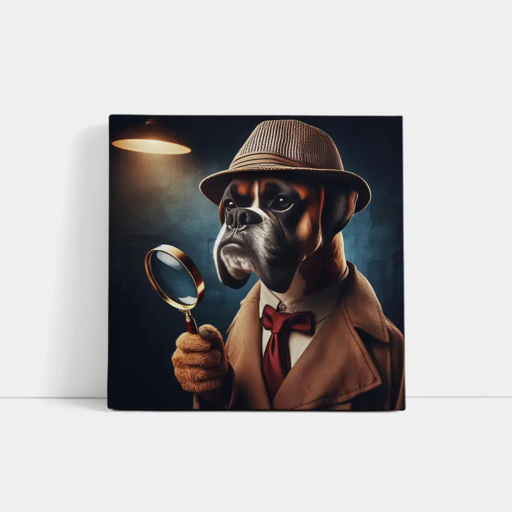 Boxer Dog Detective With Magnifying Glass – Wall Art