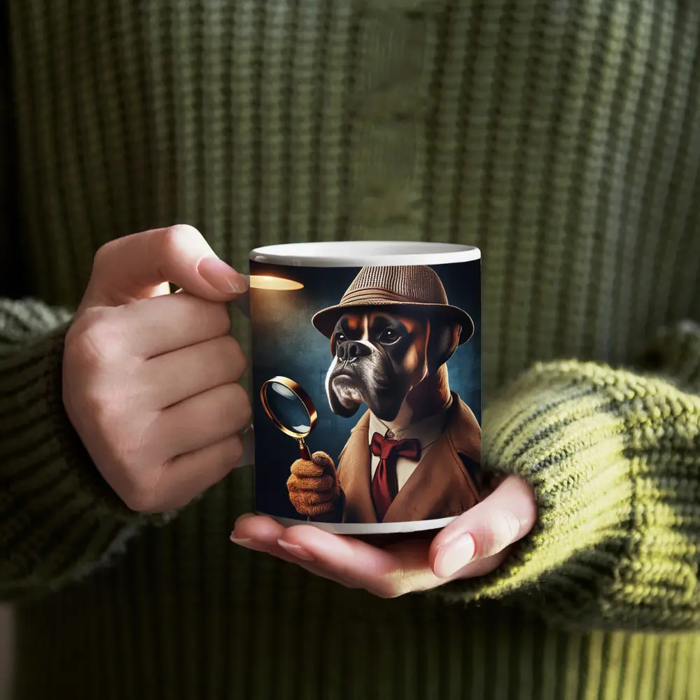 Boxer Dog Detective With Magnifying Glass – Mugs