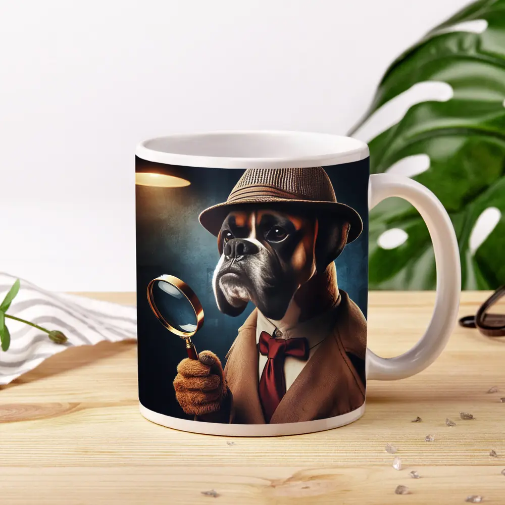 Boxer Dog Detective With Magnifying Glass – Mugs
