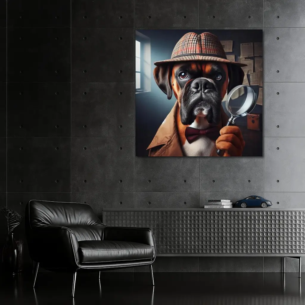Boxer Dog Detective With Magnifying Glass – Wall Art