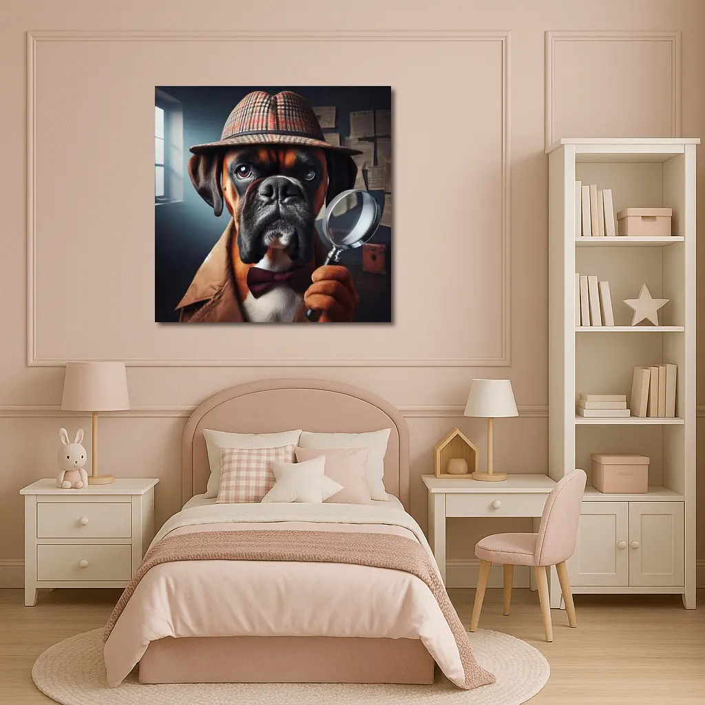 Boxer Dog Detective With Magnifying Glass – Wall Art