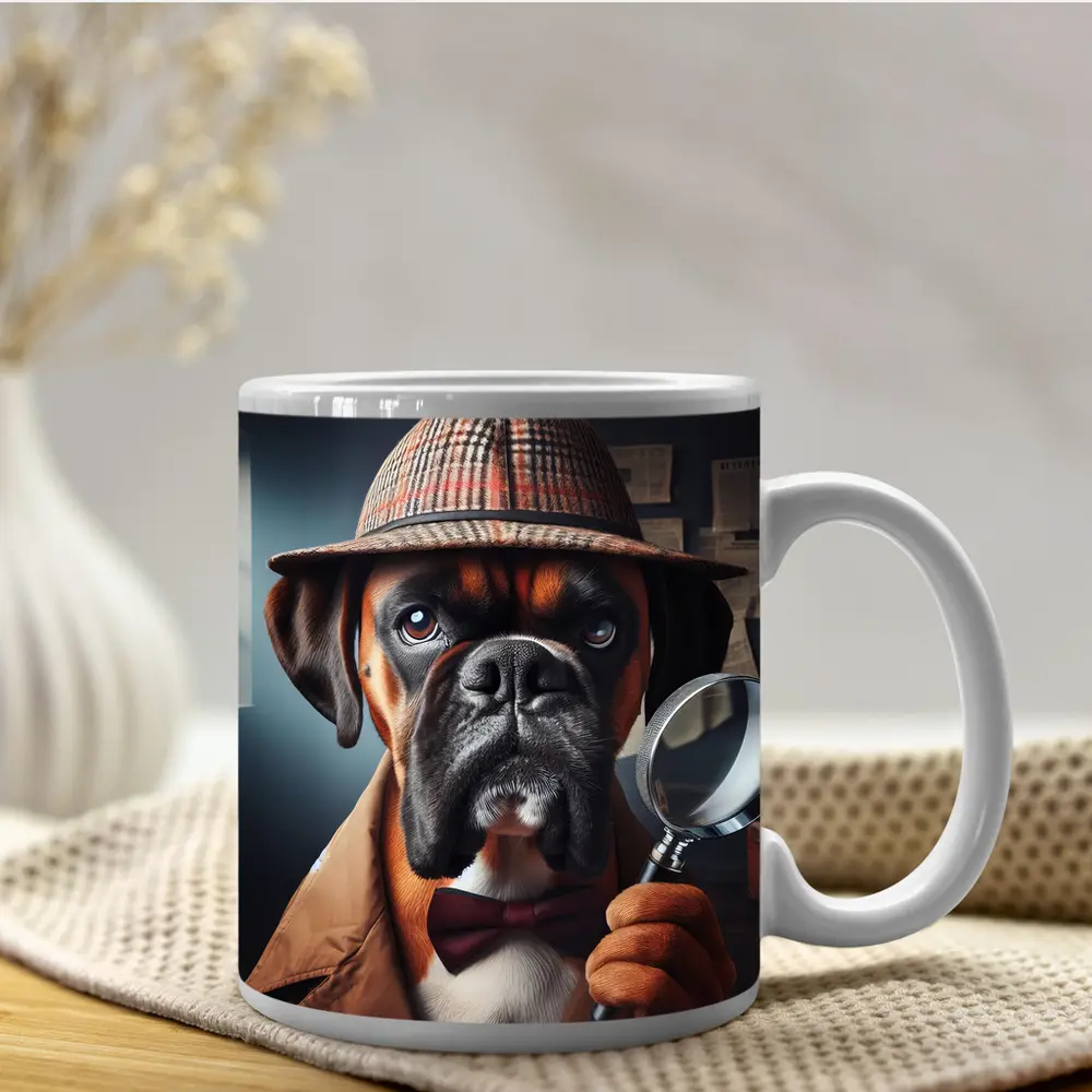 Boxer Dog Detective With Magnifying Glass – Mugs
