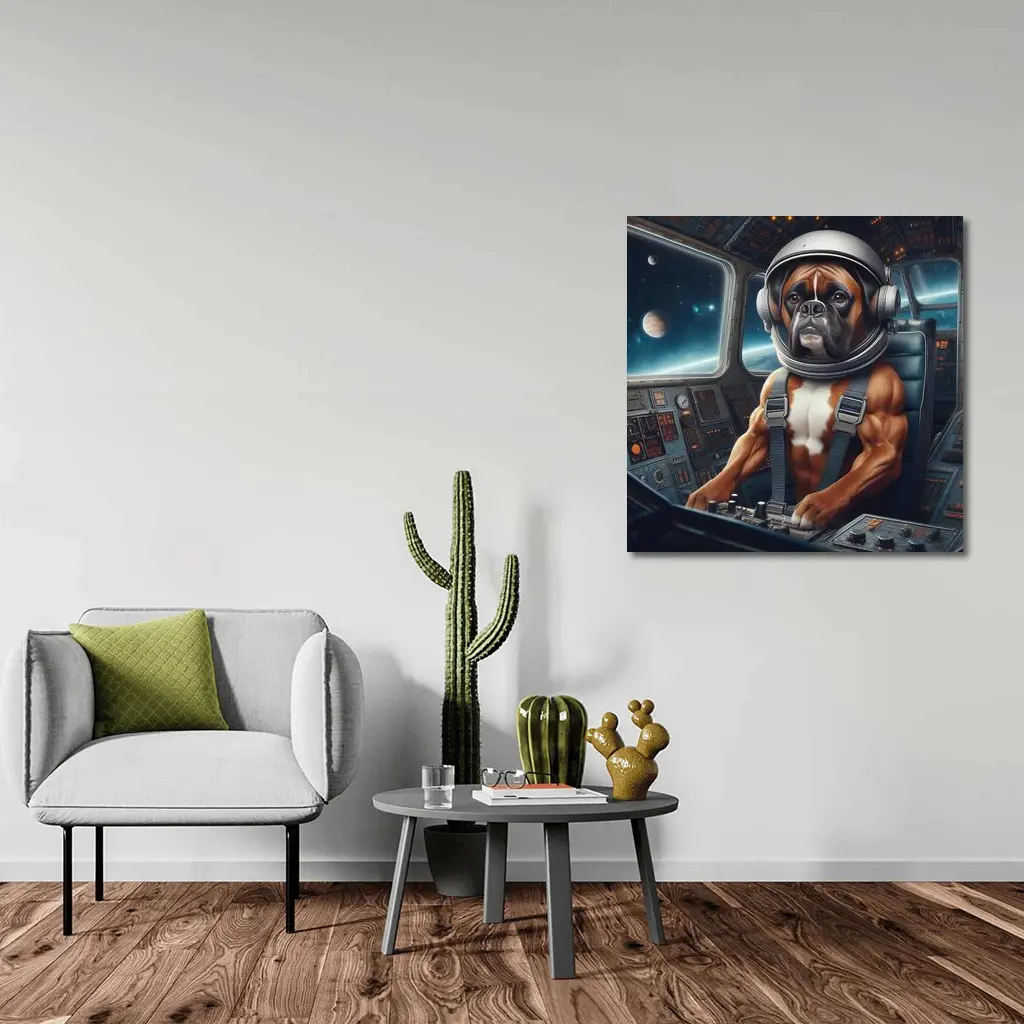 Boxer Dog Astronaut Piloting Space Cockpit – Wall Art