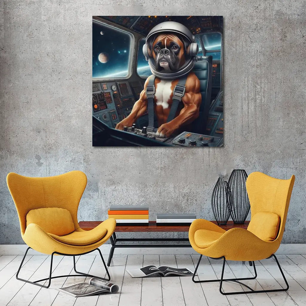 Boxer Dog Astronaut Piloting Space Cockpit – Wall Art