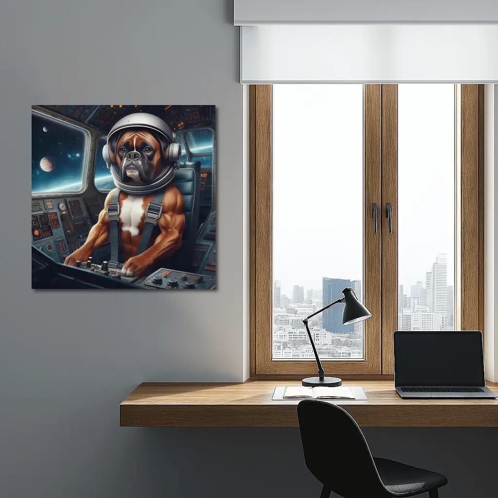 Boxer Dog Astronaut Piloting Space Cockpit – Wall Art