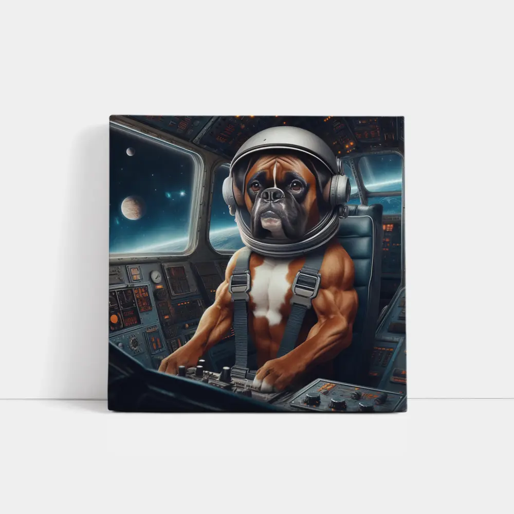 Boxer Dog Astronaut Piloting Space Cockpit – Wall Art