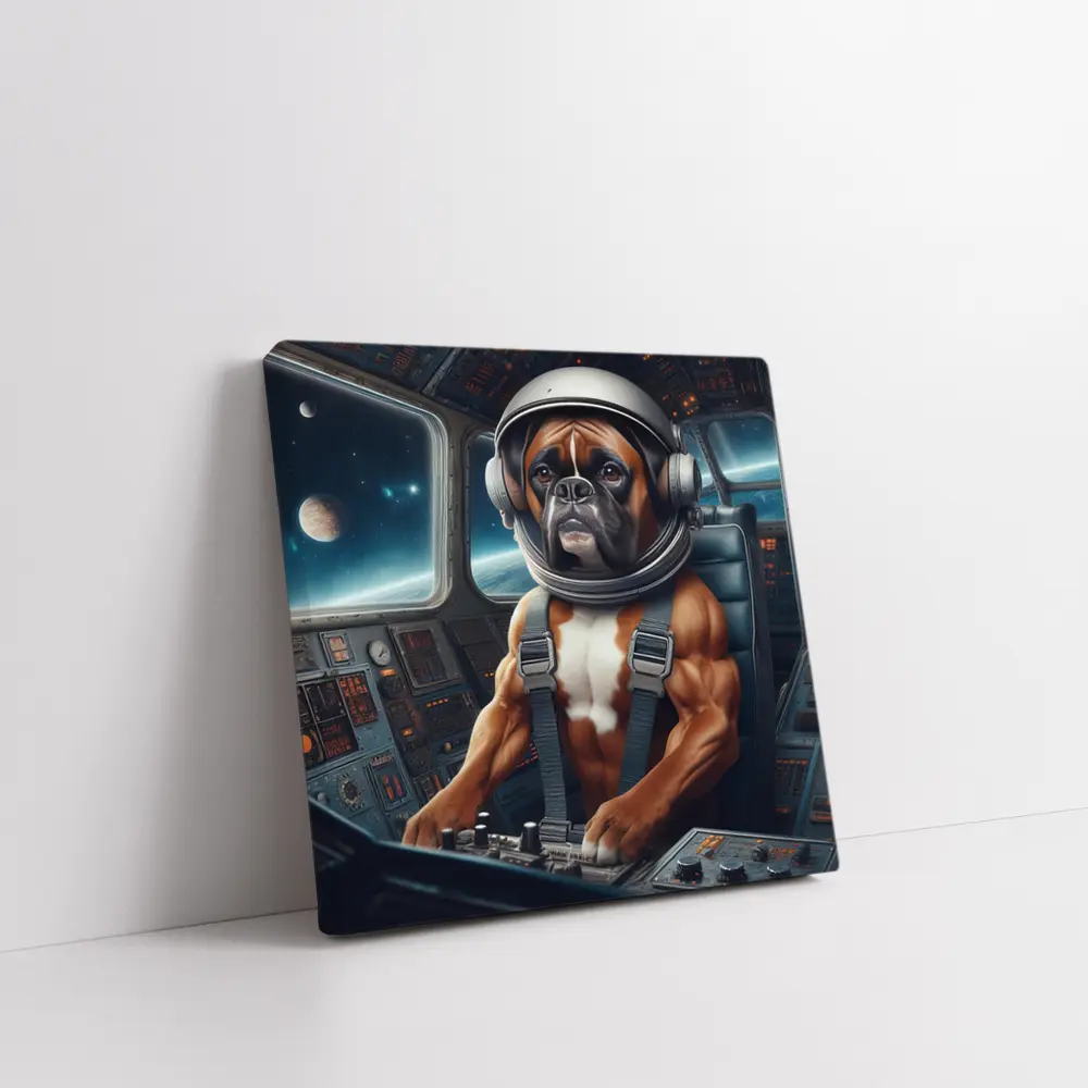 Boxer Dog Astronaut Piloting Space Cockpit – Wall Art