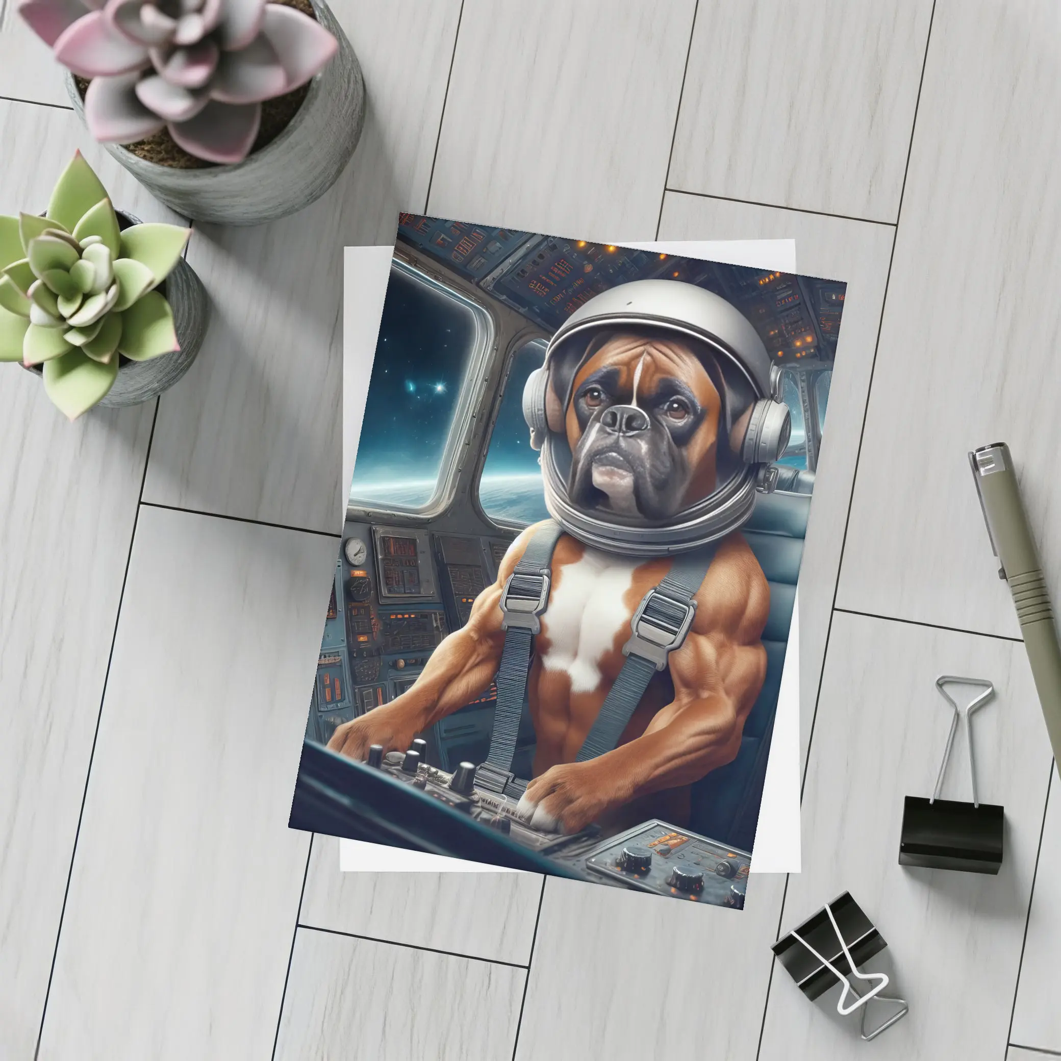 Boxer Dog Astronaut Piloting Space Cockpit – Postcards