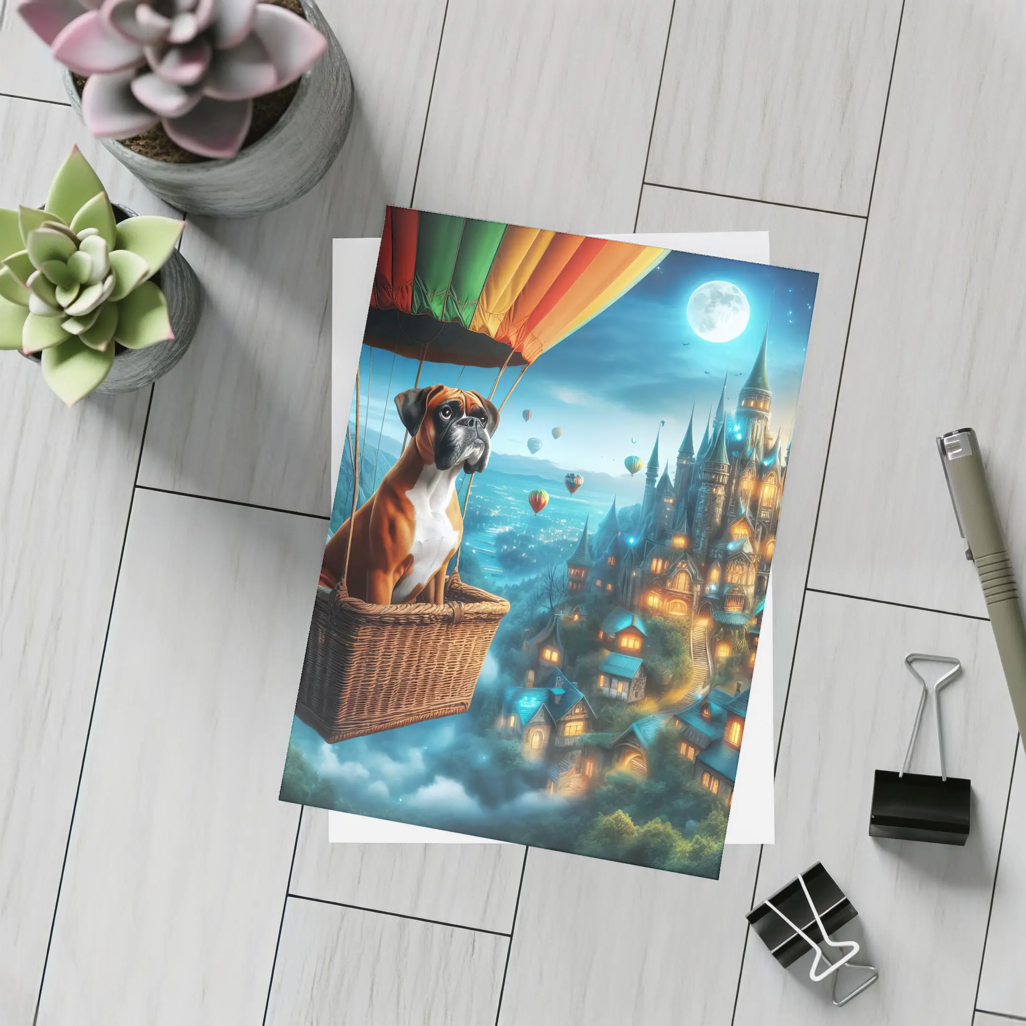 Boxer Dog Hot Air Balloon Fantasy Castle – Postcards