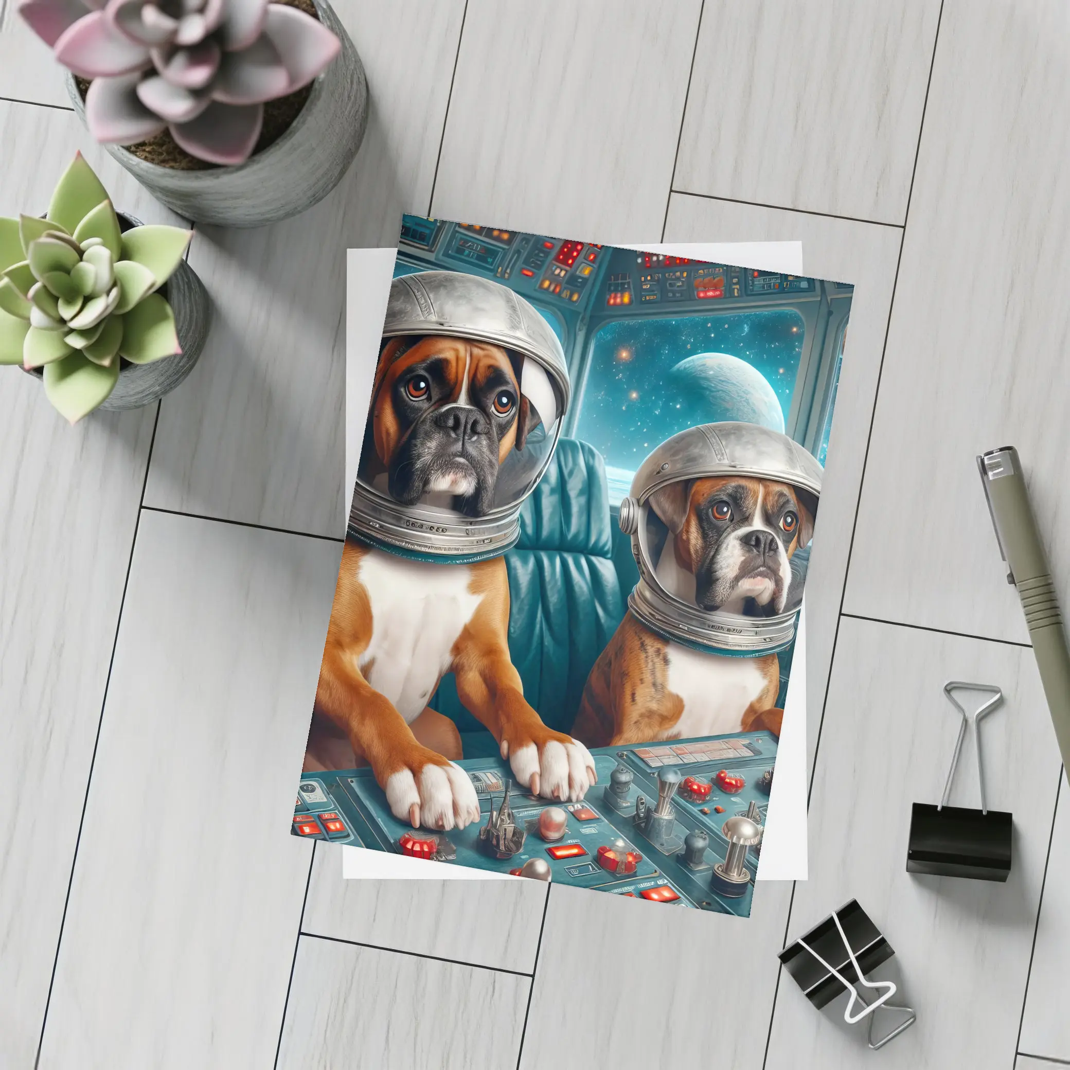 Boxer Dogs Astronauts Space Cockpit – Postcards