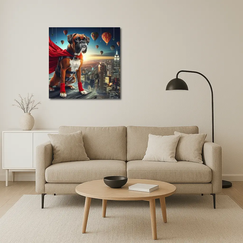 Boxer Dog Superhero Over City Skyline – Wall Art