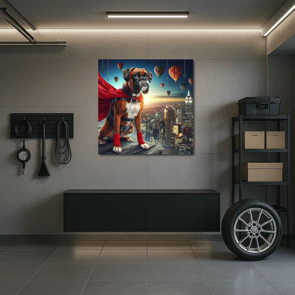 Boxer Dog Superhero Over City Skyline – Wall Art