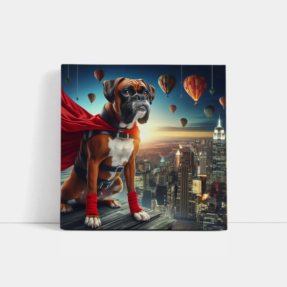 Boxer Dog Superhero Over City Skyline – Wall Art