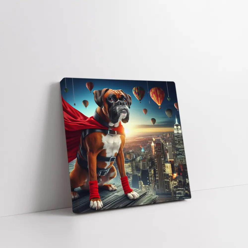 Boxer Dog Superhero Over City Skyline – Wall Art