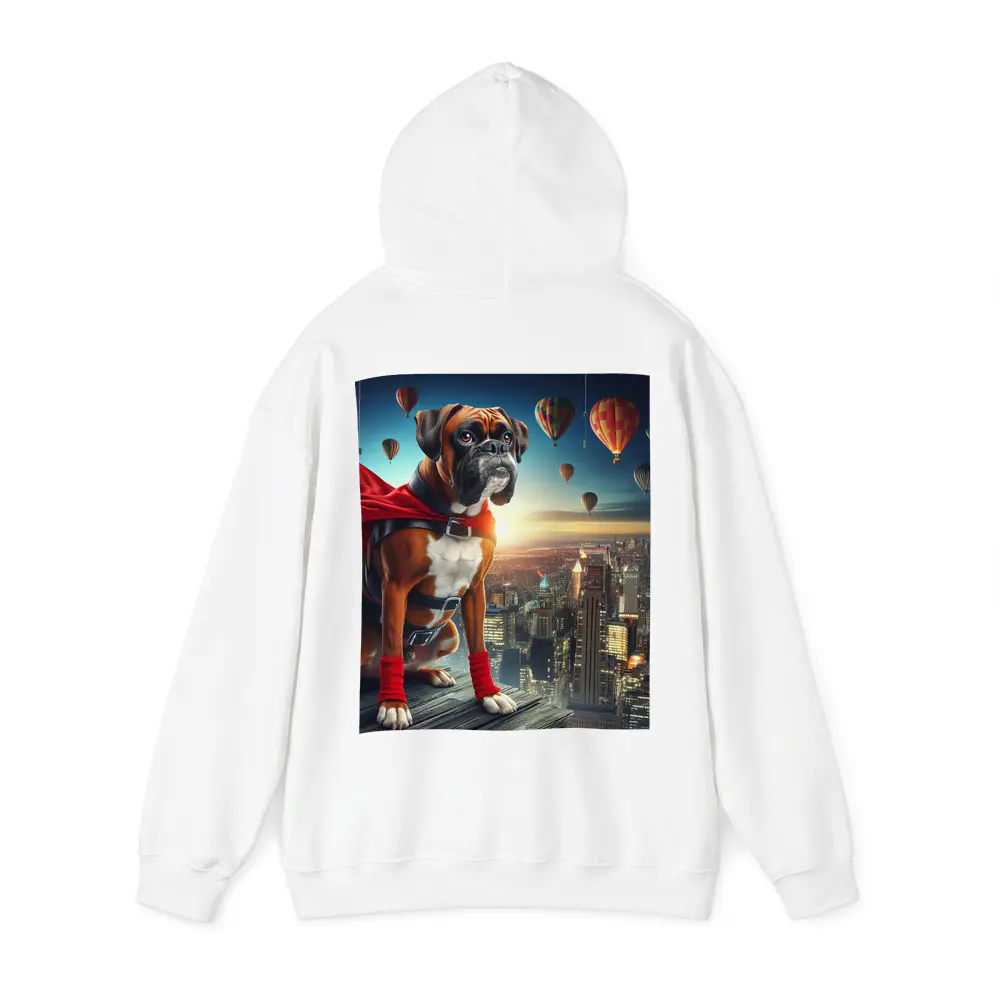 Boxer Dog Superhero Over City Skyline – Hoodies