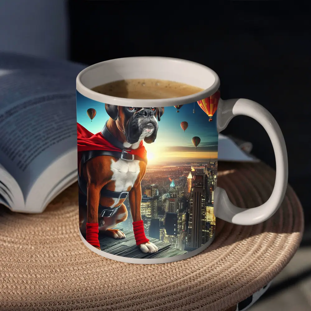 Boxer Dog Superhero Over City Skyline – Mugs