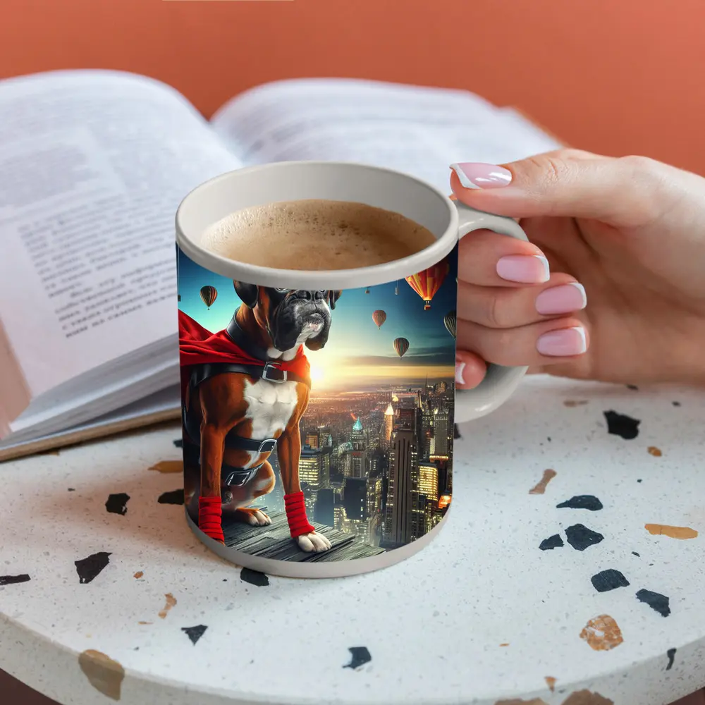 Boxer Dog Superhero Over City Skyline – Mugs
