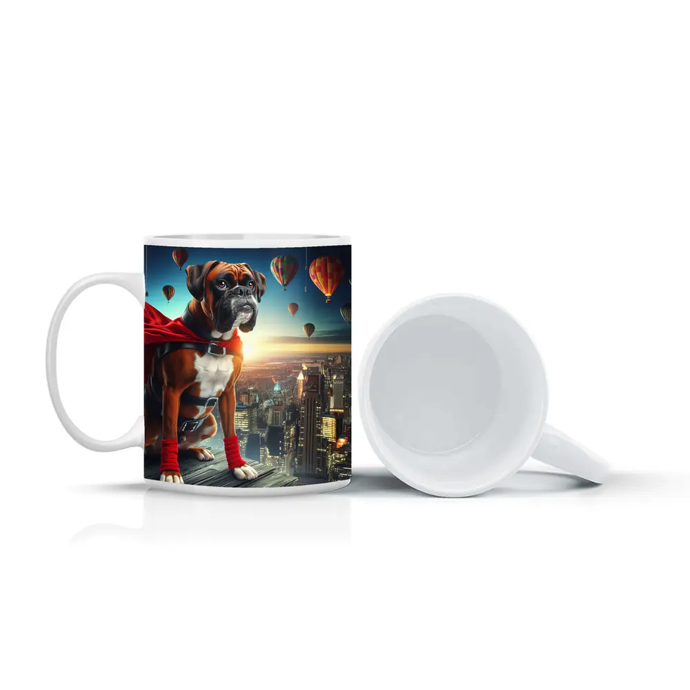Boxer Dog Superhero Over City Skyline – Mugs