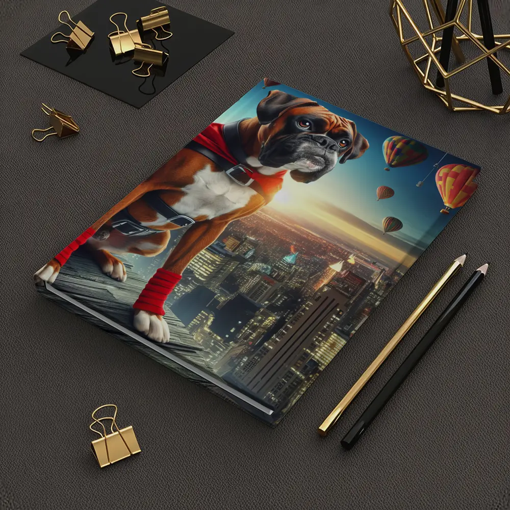 Boxer Dog Superhero Over City Skyline – Notebooks
