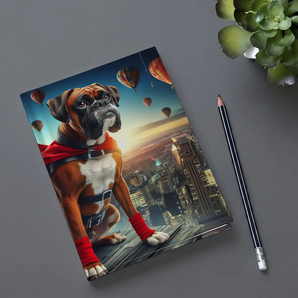Boxer Dog Superhero Over City Skyline – Notebooks
