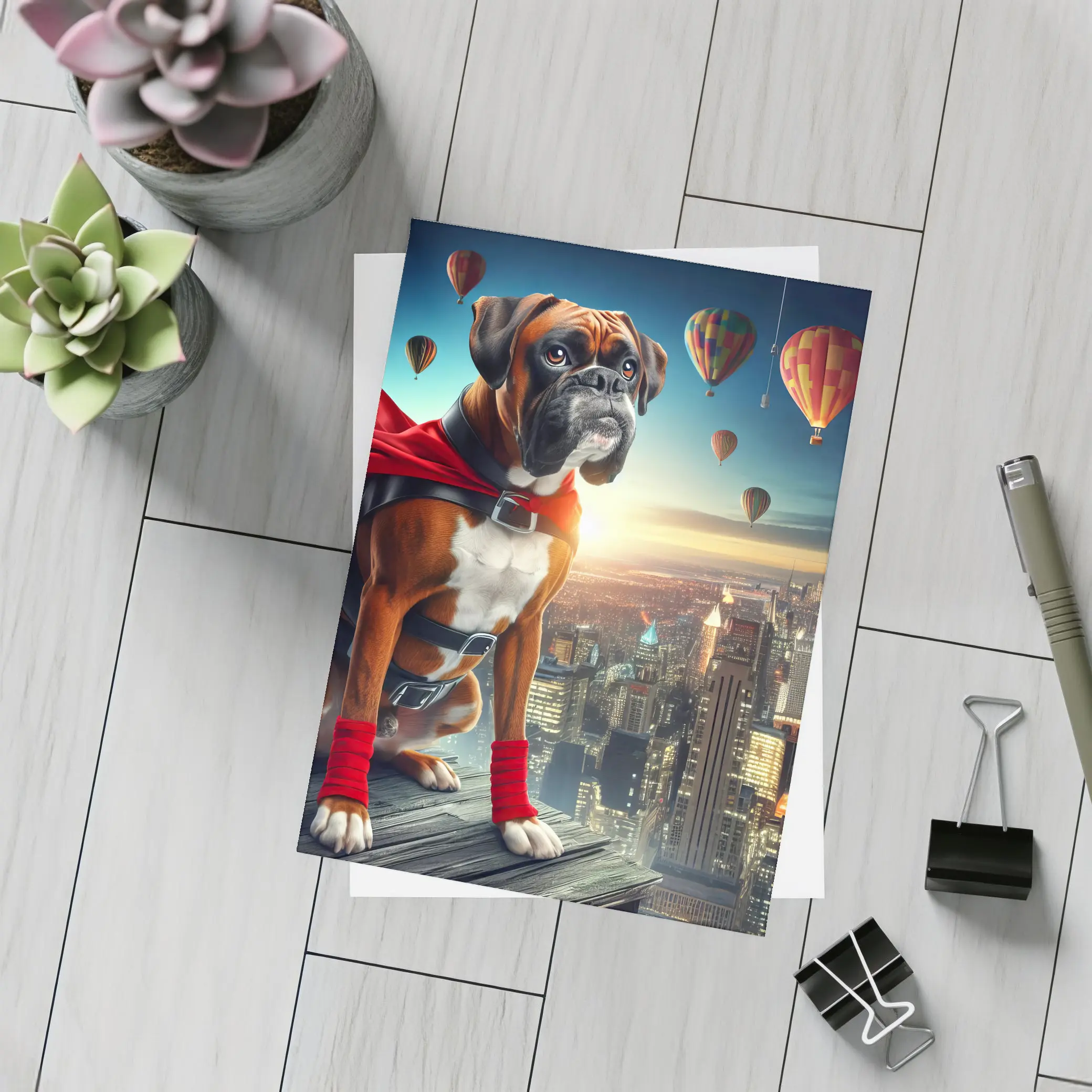 Boxer Dog Superhero Over City Skyline – Postcards
