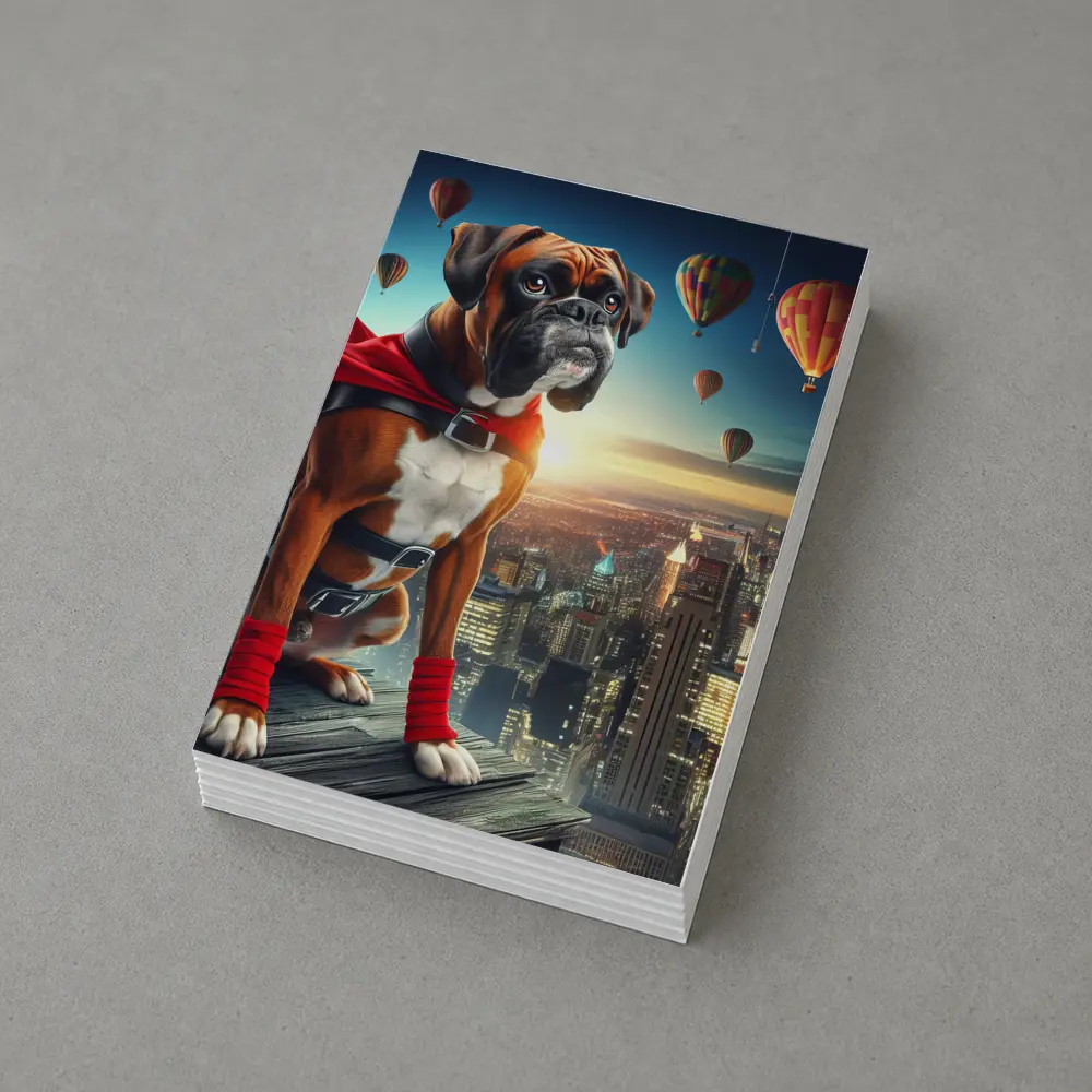 Boxer Dog Superhero Over City Skyline – Postcards